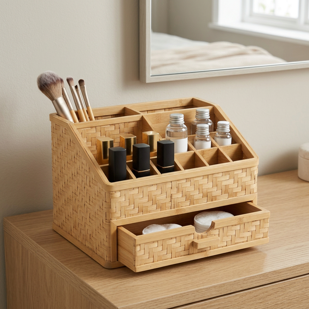 Bamboo Makeup Organizer | Eco-Wood Vanity Storage with Brush Holders, Lipstick Slots & Drawer | Sustainable Beauty Organizer