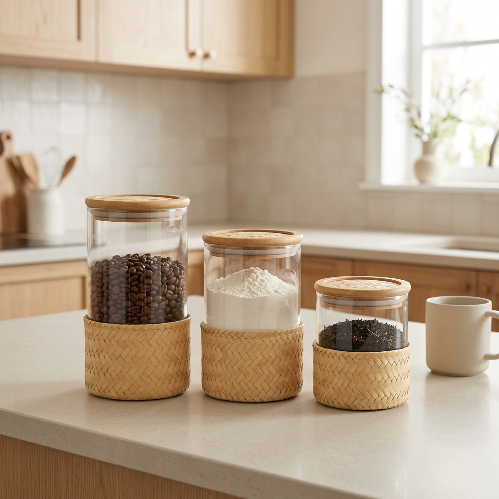 Bamboo Kitchen Canister Set | Eco-Wood Airtight Storage Jars with Bamboo Lids for Coffee, Flour & Tea | Sustainable Pantry Storage