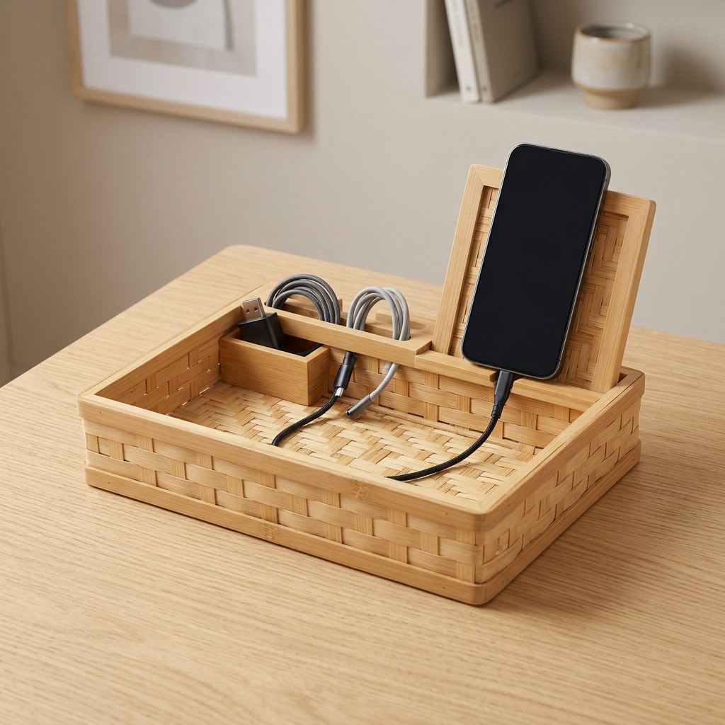 Bamboo Cable & Tech Organizer | Eco-Friendly Wooden Charging Station with Cable Slots & Phone Stand | Sustainable Desk Storage