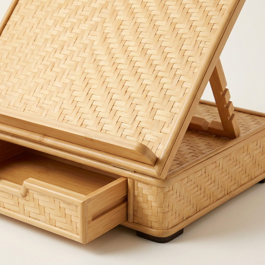 Bamboo Book Stand with Storage Drawer | Eco-Friendly Adjustable Wooden Book & Tablet Holder for Reading or Kitchen | Sustainable Desk Companion