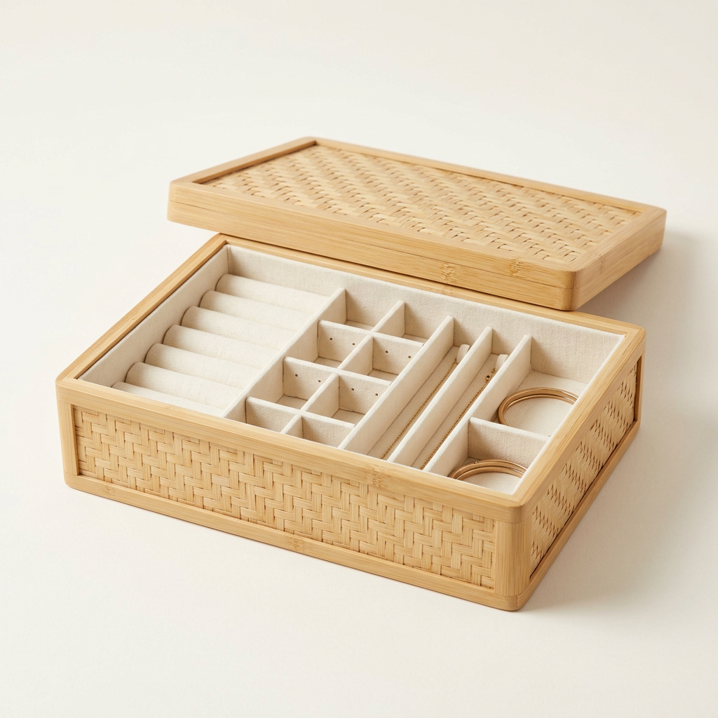 Bamboo Jewelry Box | Stackable Eco-Wood Jewelry Storage with Ring Cushions, Earring & Necklace Slots | Sustainable Vanity Organizer