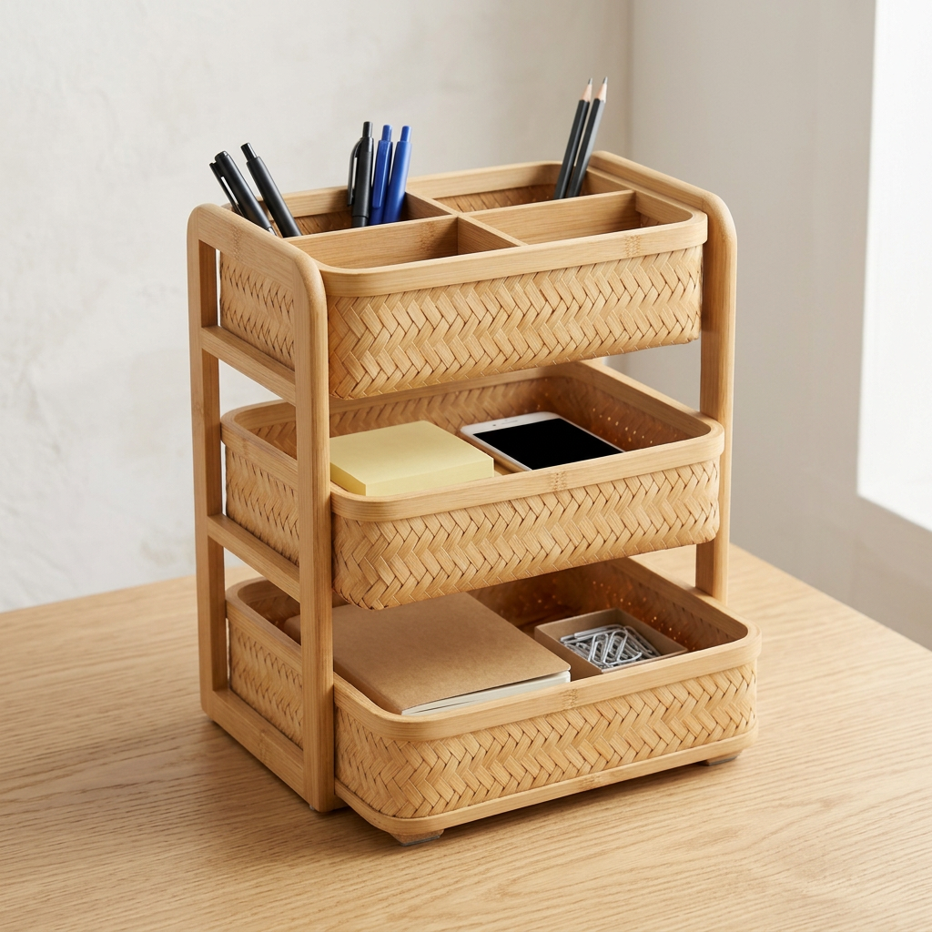 Bamboo Desk Organizer Set | 3-Tier Eco-Friendly Desktop Storage with Pen, Phone & Accessory Compartments | Sustainable Home Office Organizer
