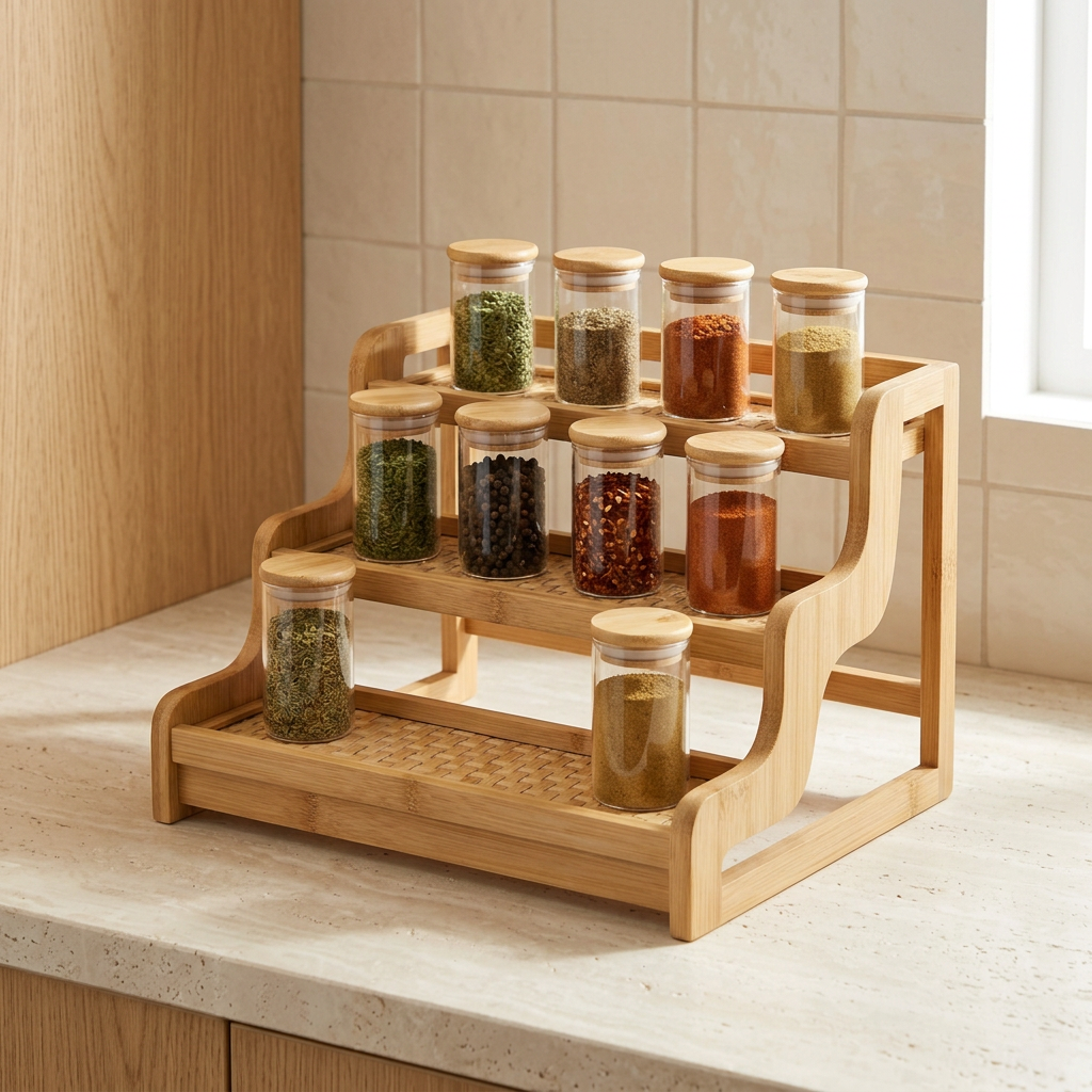 Bamboo Spice Rack | 2-Tier Expandable Wooden Spice Organizer for Cabinet or Wall | Eco-Friendly Kitchen Storage