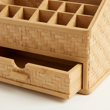 Bamboo Makeup Organizer | Eco-Wood Vanity Storage with Brush Holders, Lipstick Slots & Drawer | Sustainable Beauty Organizer