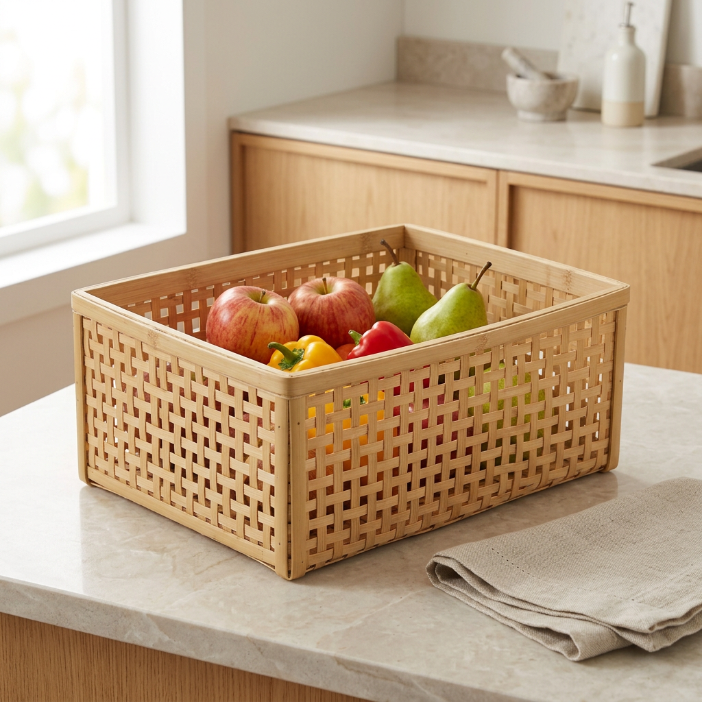 Bamboo Fruit & Vegetable Storage Crate | Eco-Wood Ventilated Produce Box for Countertop Freshness | Sustainable Kitchen Storage