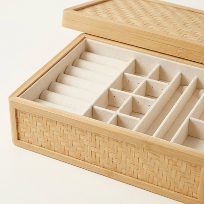 Bamboo Jewelry Box | Stackable Eco-Wood Jewelry Storage with Ring Cushions, Earring & Necklace Slots | Sustainable Vanity Organizer