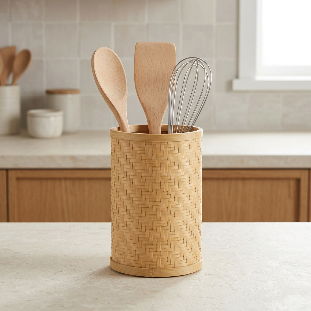 Bamboo Kitchen Utensil Holder | Eco-Friendly Countertop Cutlery & Cooking Tool Caddy with Wooden Scoop Handle | Sustainable Kitchen Storage