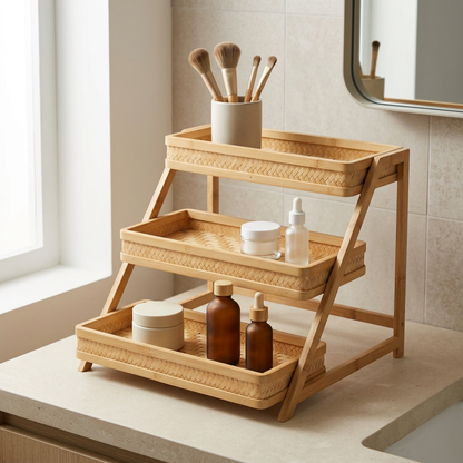 Bamboo Vanity Cosmetic Organizer | Eco-Friendly Wooden Tiered Skincare Storage for Bathroom Counter | Sustainable Beauty Organizer