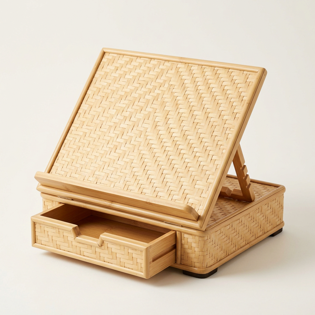Bamboo Book Stand with Storage Drawer | Eco-Friendly Adjustable Wooden Book & Tablet Holder for Reading or Kitchen | Sustainable Desk Companion