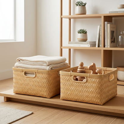 Bamboo Stackable Storage Baskets | Eco-Friendly Woven Wood Bins with Handles for Toys, Laundry & Shelves | Sustainable Home Storage