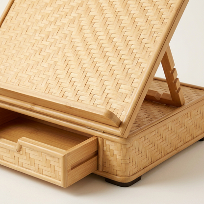 Bamboo Book Stand with Storage Drawer | Eco-Friendly Adjustable Wooden Book & Tablet Holder for Reading or Kitchen | Sustainable Desk Companion