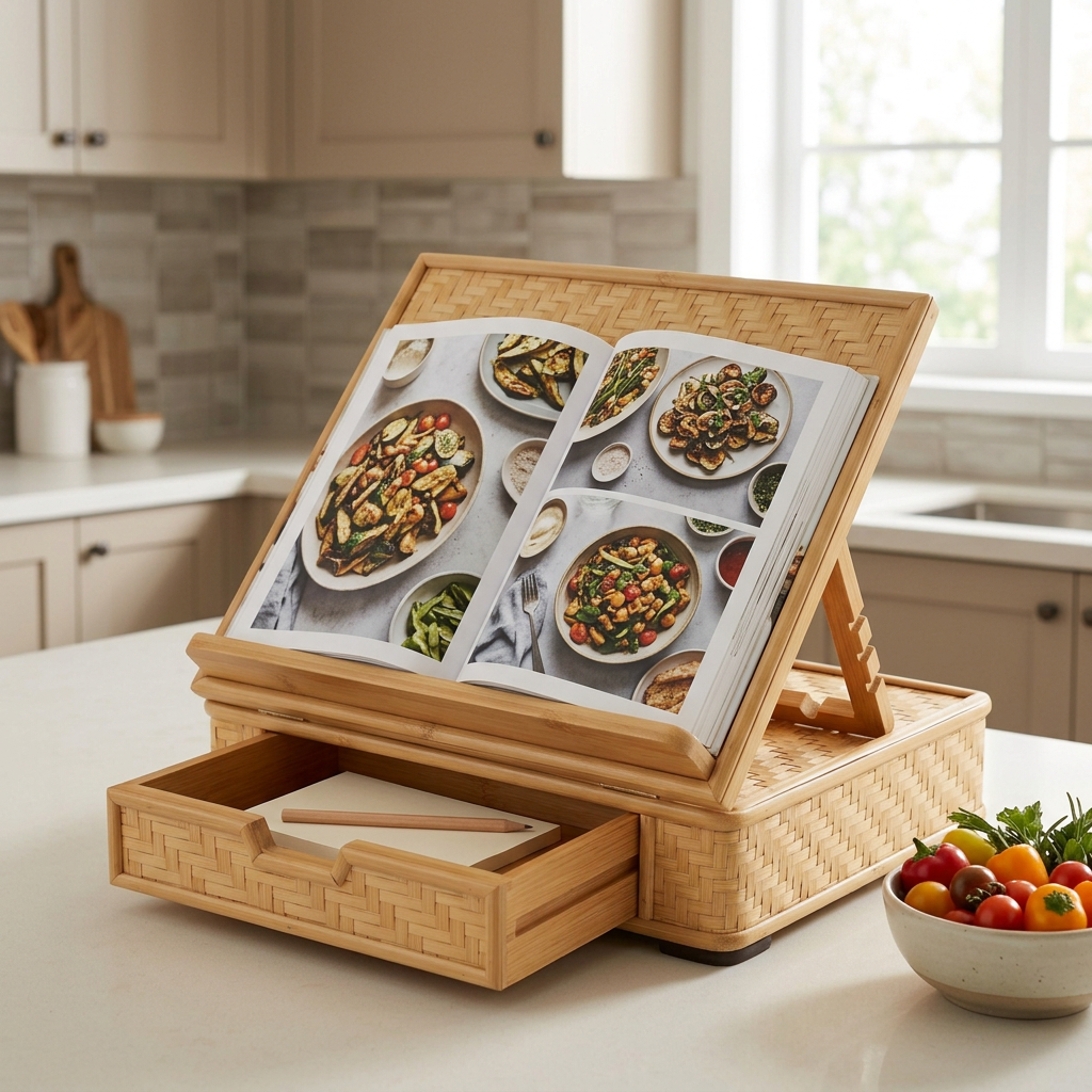 Bamboo Book Stand with Storage Drawer | Eco-Friendly Adjustable Wooden Book & Tablet Holder for Reading or Kitchen | Sustainable Desk Companion