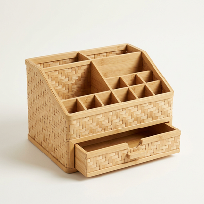 Bamboo Makeup Organizer | Eco-Wood Vanity Storage with Brush Holders, Lipstick Slots & Drawer | Sustainable Beauty Organizer